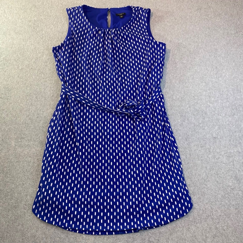 Ann Taylor Shift Dress Women's Size M Petite Blue White Dot Tie Waist Sleeveless